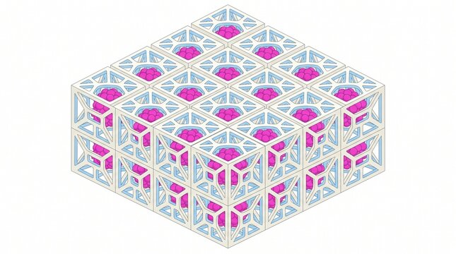 Abstract isometric 3D grid of connected cube modules with pink centers white background structure