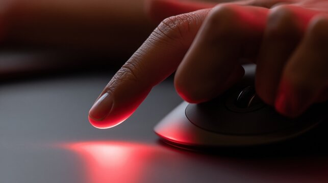 Close-up of a person's finger pressing a computer mouse with a red light glowing