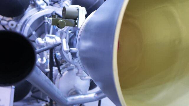 Close-up of jet engine components with metallic pipes and yellow cone. Detailed view of mechanical parts inside engine housing. Red circular element visible within engine structure