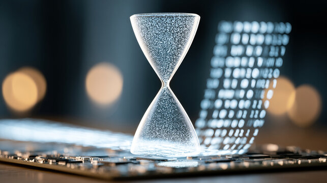 Clear Glass Hourglass Measuring Time Flow Beside Stream Of Binary Data

