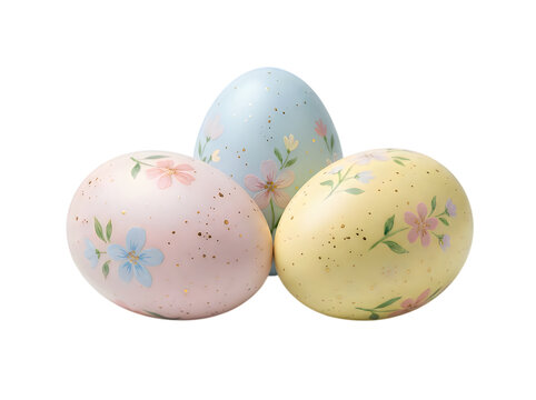 Three colorful painted easter eggs with floral patterns isolated on transparent background