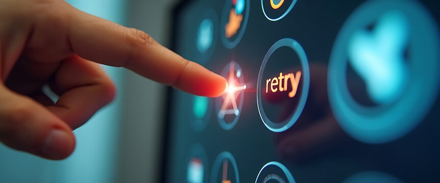 Finger pressing retry button on touchscreen interface for technology concept.