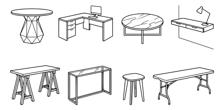 Modern furniture line icons, set of 8 table and desk vector illustrations, minimalist office and home interior decor elements