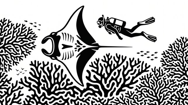 Scuba Diver Exploring Majestic Manta Ray and Vibrant Coral Reef Underwater - Black and White Marine Life Adventure Illustration