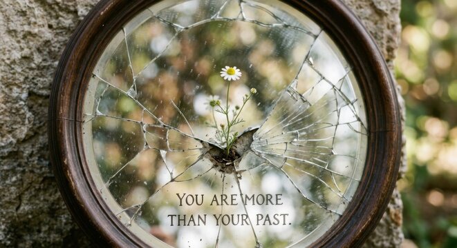 Delicate Flower Blooms Through Cracked Mirror, Symbolizing Hope and Resilience