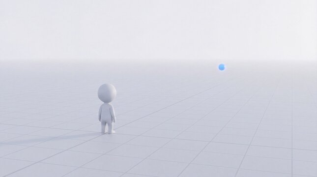 minimalist figure standing on infinite grid with blue sphere in vast white space