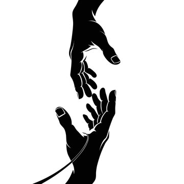Minimalist black silhouette of reaching hands, helping hand gesture vector, conceptual illustration of support and connection