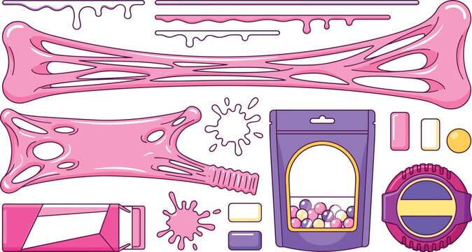 Pink Bubble Gum Stretched Elements and Confectionery Candy Packaging Vector Set