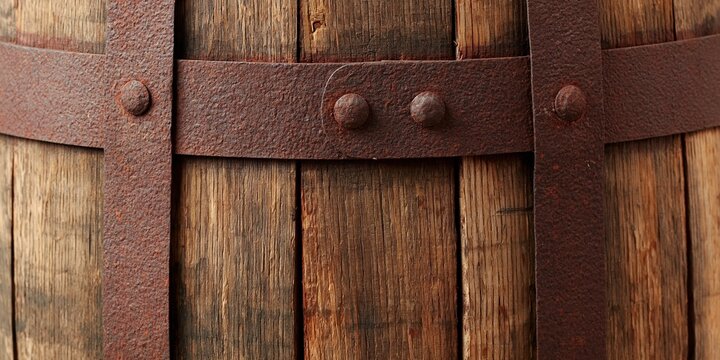 Close-up of weathered wooden barrel staves with rusty metal bands and rivets, textured background