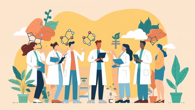 Diverse group of scientists and researchers collaborating outdoors with plants and chemical structures