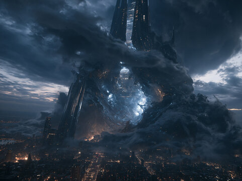 Giant towering fantasy spire rises above glowing city beneath swirling storm clouds and luminous massive cosmic wave formations in dark twilight.