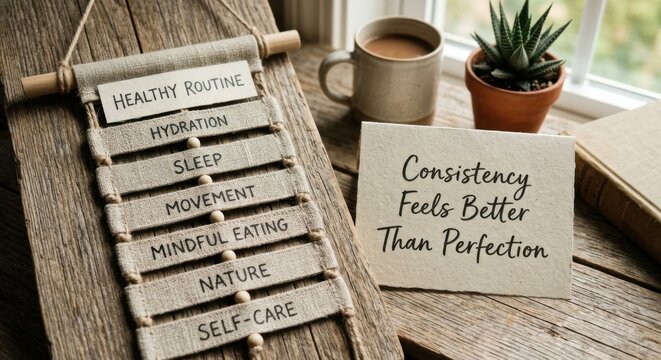Healthy Routine Planner Hanging with Inspirational Quote and Coffee by Window