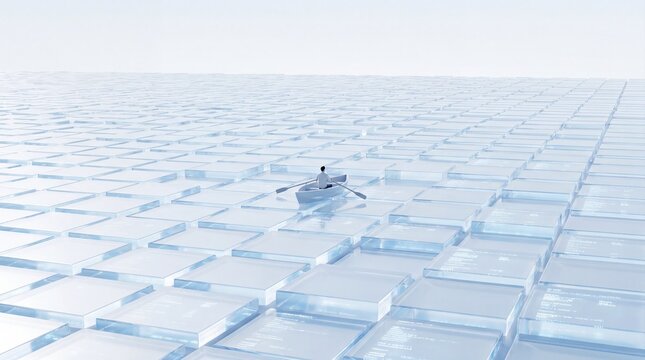 Tiny person rowing through giant spreadsheet cells in a surreal digital landscape