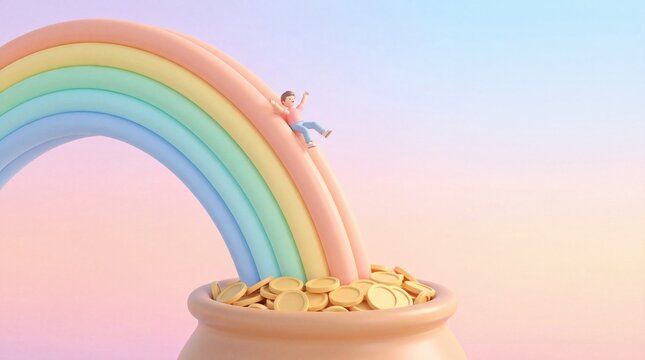 Tiny person sliding down rainbow into pot of gold in whimsical fantasy scene