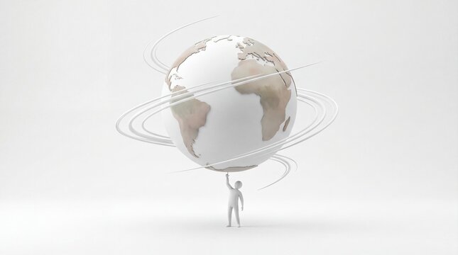 Tiny person spinning giant globe in minimalistic high fidelity render