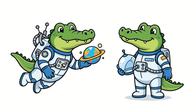 Cute crocodile astronauts wearing space suits and exploring space