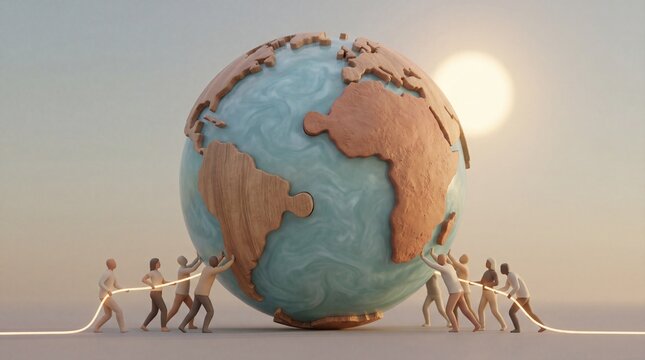 Diverse team pushing a giant globe in a minimalistic setting for global unity