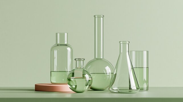 Assorted different shaped transparent green glass lab flasks filled with light green liquid on matching muted green background natural chemistry cosmetic research concept