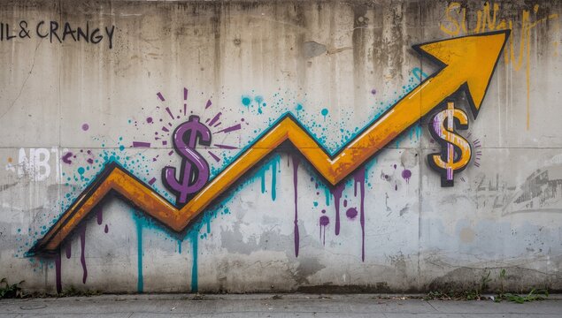 Urban graffiti wall featuring a rising financial growth arrow with dollar signs