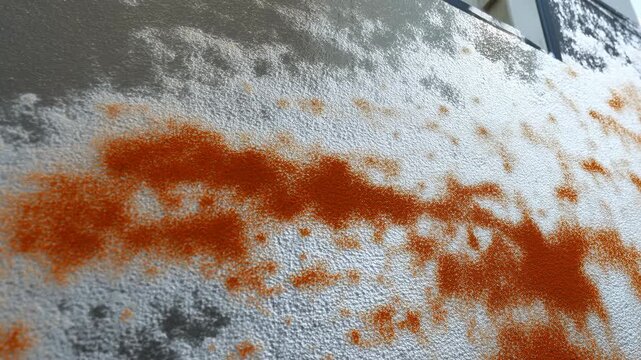 Orange granular particles progressively cover a white textured layer on a dark panel, building from sparse speckles into broad irregular rust-colored patches in close-up