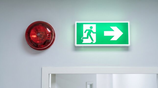 Green Emergency Fire Exit Sign with Running Man Symbol and Right Arrow Next to Red Fire Alarm Strobe Light on Wall for Safety Evacuation Procedures