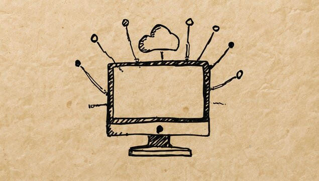 Hand-drawn sketch of a computer monitor with cloud computing icons on aged paper background