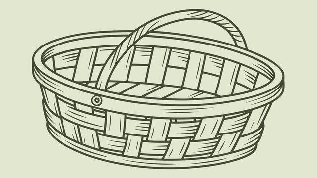 Commercial vector illustration of an empty woven wicker basket with handle, featuring classic vintage woodcut line art engraving style isolated on a soft neutral background for picnic, harvest, Easter