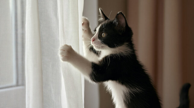 Very active 3 months kitten climbing mesh curtains. It is a tuxedo cat. Horizontal full length indoors shot with copy space.