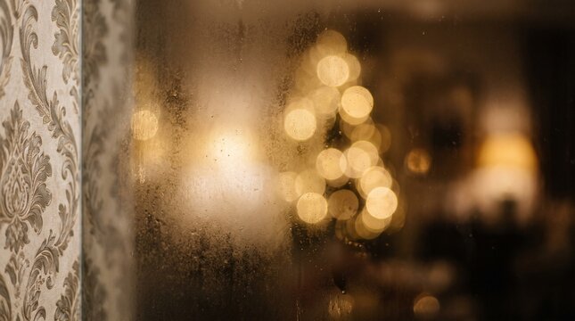 Abstract background featuring soft golden bokeh lights and a decorative textured wallpaper pattern on the side