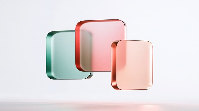 Three overlapping floating transparent gradient rounded rectangle glass plates on plain light background modern 3d abstract geometric design concept