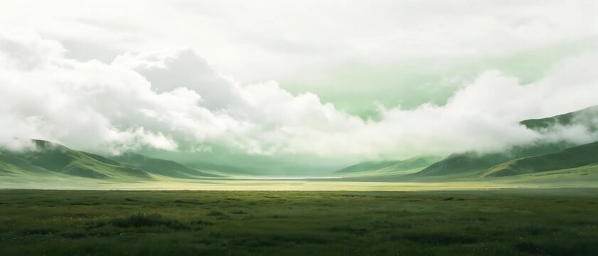 Panoramic peaceful green grassland valley landscape with thick low fluffy white clouds covering soft rolling green hills under gentle bright natural daylight moody nature scene