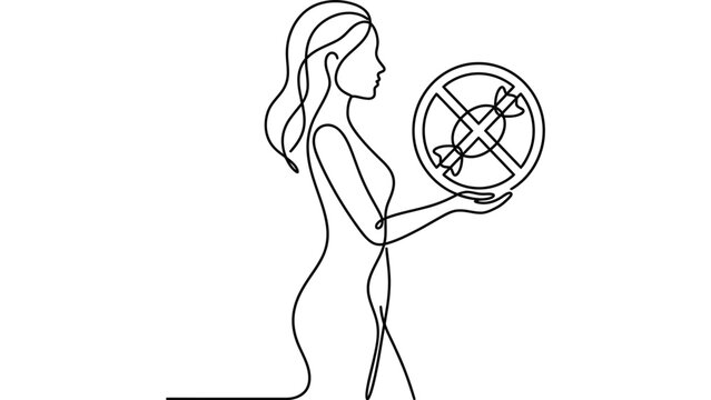 Continuous line drawing of a woman holding a no candy sign.