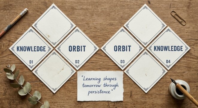 Vintage Orbit Cards with Persistence Quote on Wooden Background