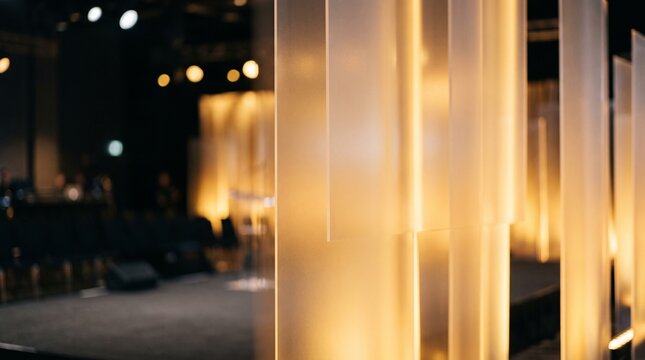 Abstract background featuring illuminated vertical glass panels with warm golden light in a dark modern interior