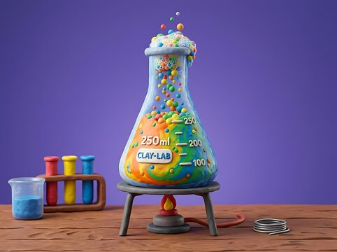 3D Clay Laboratory Flask with Colorful Bubbling Chemistry Liquid