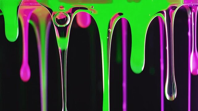 Vibrant neon green and pink slime dripping and melting against a dark background