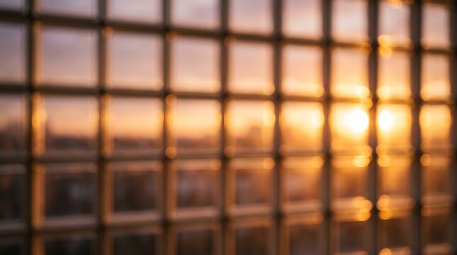 A beautiful golden sunset view seen through a grid pattern window frame in a modern building