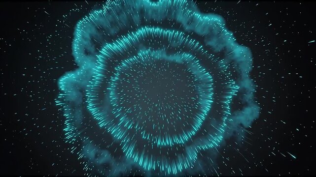 Abstract cyan neon portal with glowing energy shockwaves and radiating particle tunnels