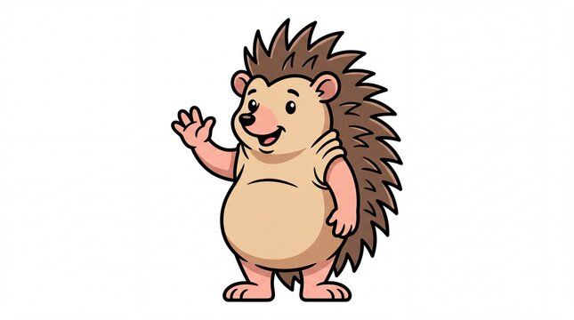 Cute cartoon hedgehog waving on white background