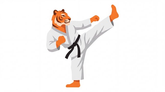 Tiger character performing high kick in martial arts uniform