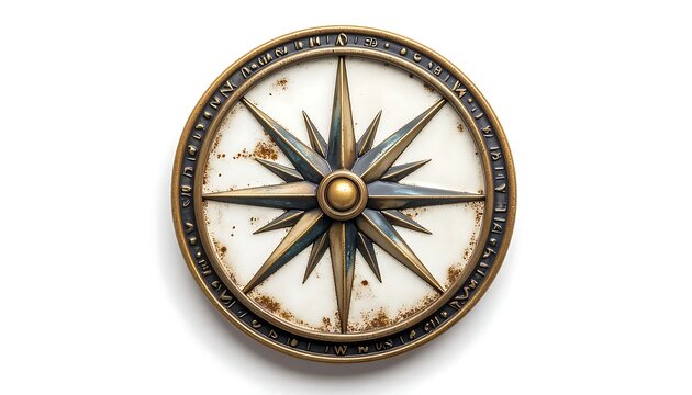 Vintage brass compass rose with aged patina on white background