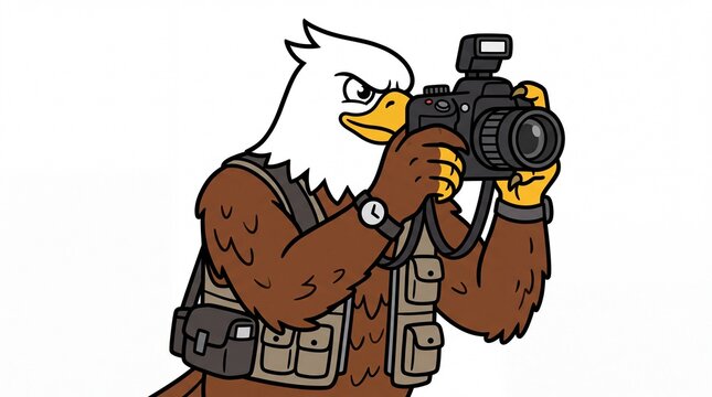 Bald eagle cartoon character holding a professional camera