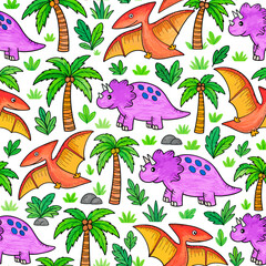 Cute Hand Drawn Dinosaur and Pterodactyl Tropical Seamless Pattern © Risdyaweni