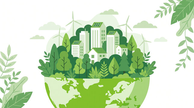 Eco friendly city concept renewable energy vector illustration, sustainable architecture and green world
