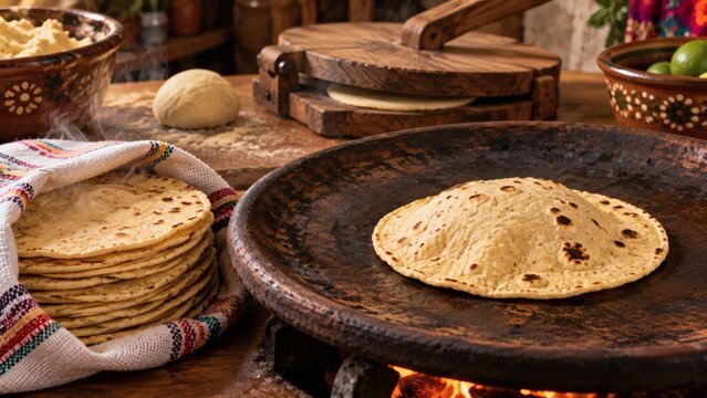 Traditional handmade corn tortillas cooking on a hot clay comal over an open fire in a kitchen