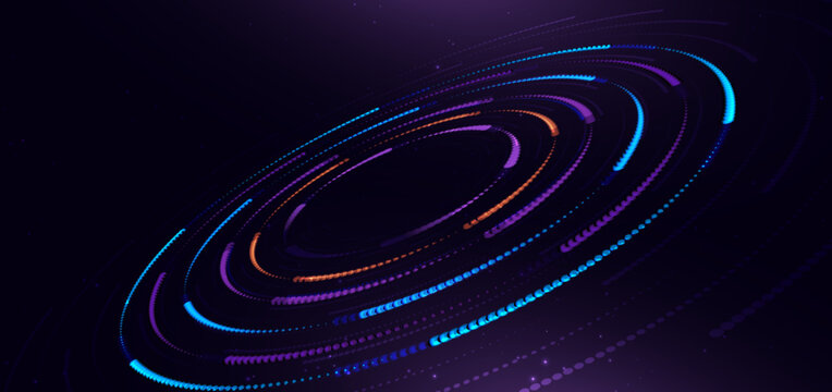 Abstract futuristic technology background featuring concentric circular neon dots.