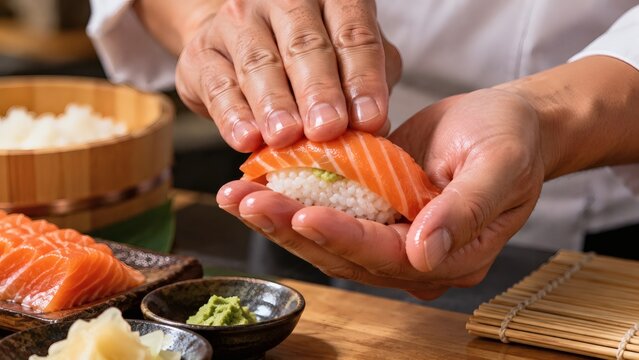 Professional sushi chef preparing fresh salmon nigiri in a traditional Japanese kitchen setting