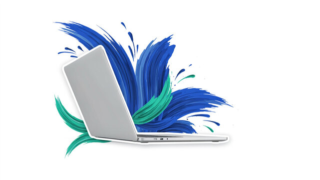 A silver laptop computer with blue and teal paint brush strokes isolated on a white background technology