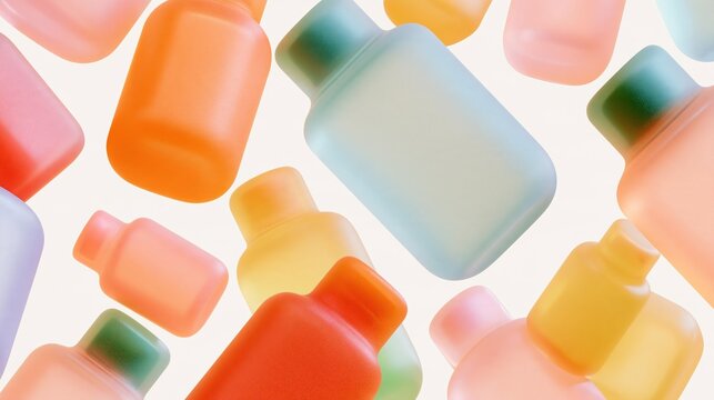 Floating assorted pastel-colored frosted cosmetic bottles on plain light off-white background minimalist natural beauty cosmetic product concept