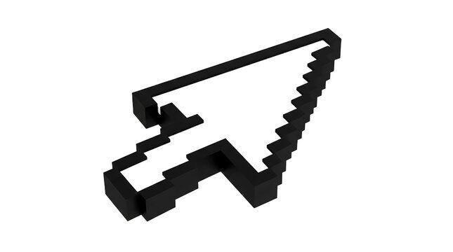 3d render of a black pixelated computer mouse cursor arrow isolated on transparent background